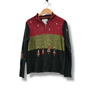 Mandal Bay Womens Small Christmas Tree Rhinestone Quarter Zip Confetti Sweater